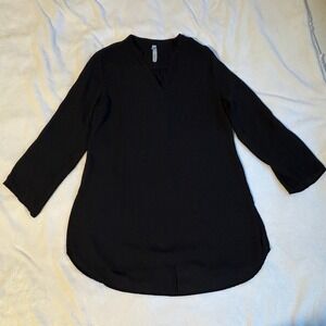 NY Collection Black Split Neck Tunic Blouse Roll Tab Sleeve Womens